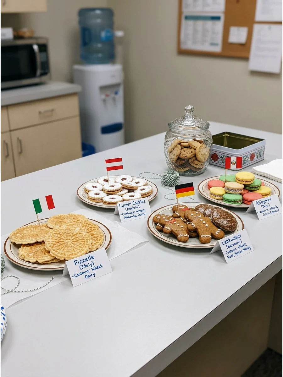 A variety of international cookies on a table with small flags indicating their country of origin.
