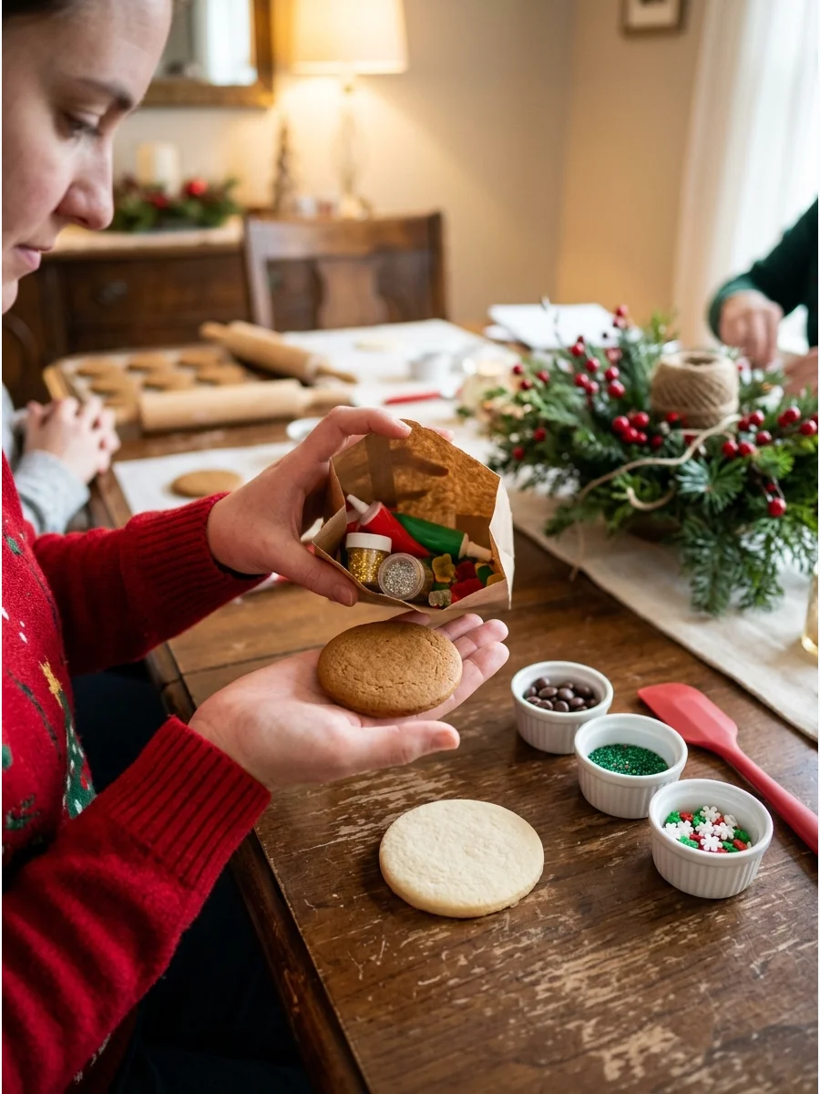 A person participating in a mystery cookie decorating challenge.