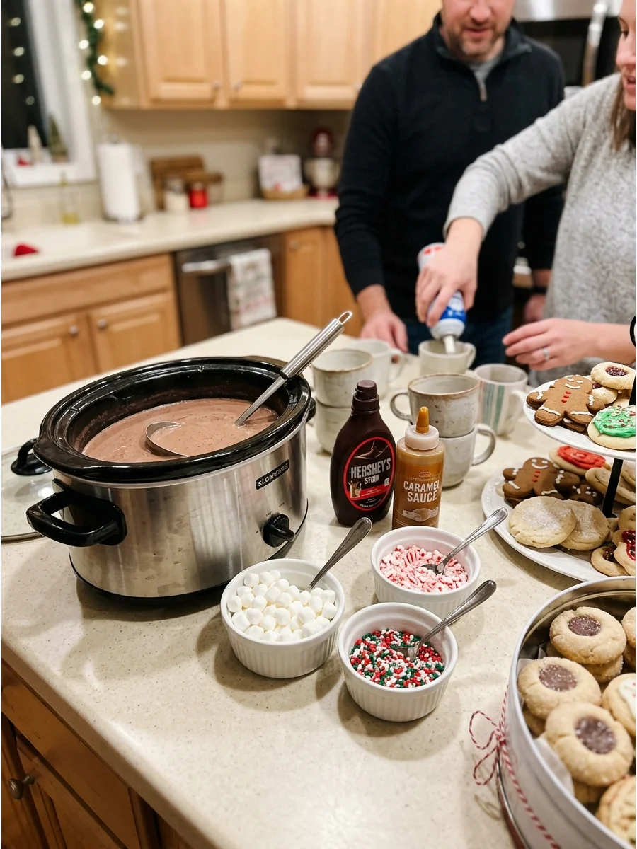A hot cocoa station on a kitchen counter with toppings in small white bowls.