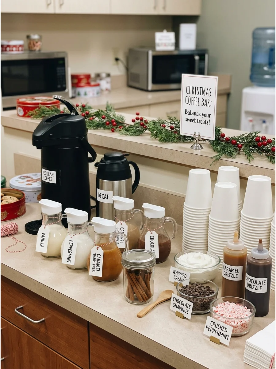 A coffee station in an office breakroom with creamers and cinnamon sticks.