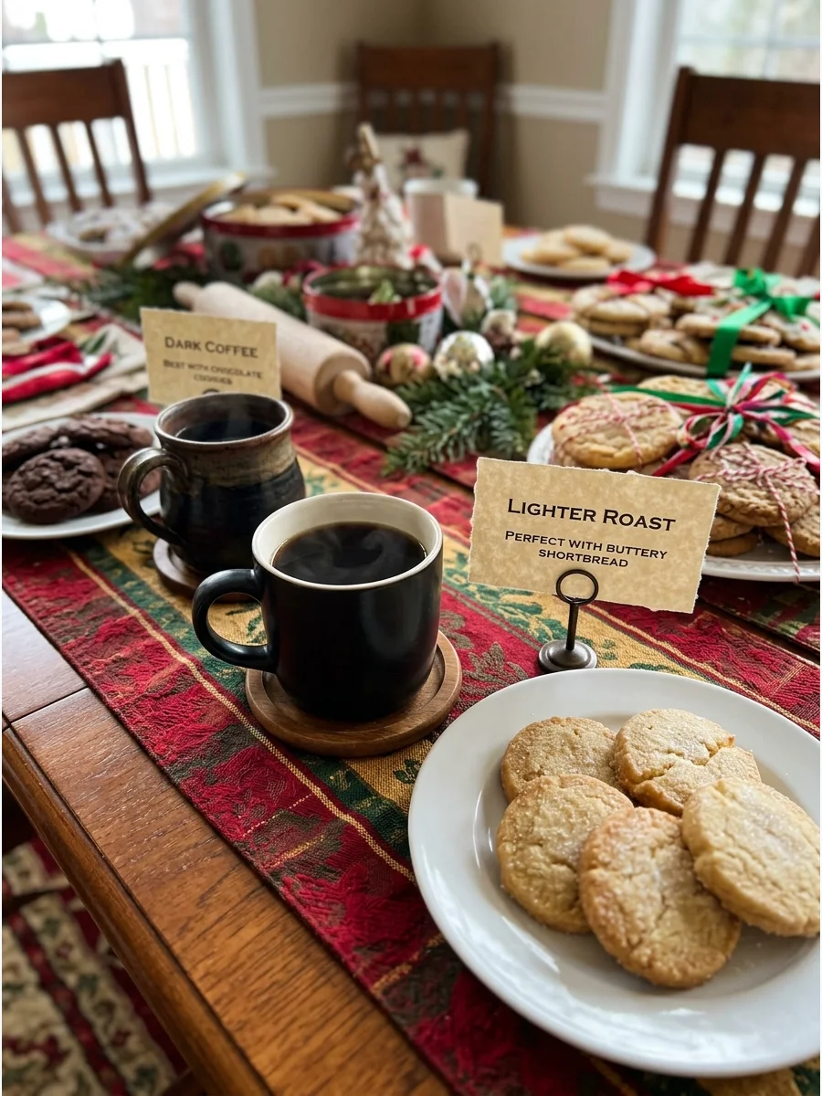 A coffee and cookie pairing display with explanatory cards on a wooden table.