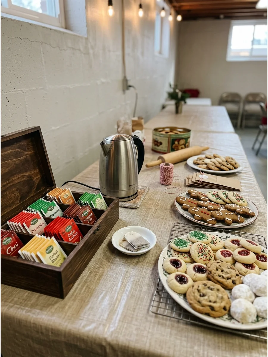 A tea station with a wooden organizer and an electric kettle on a table.