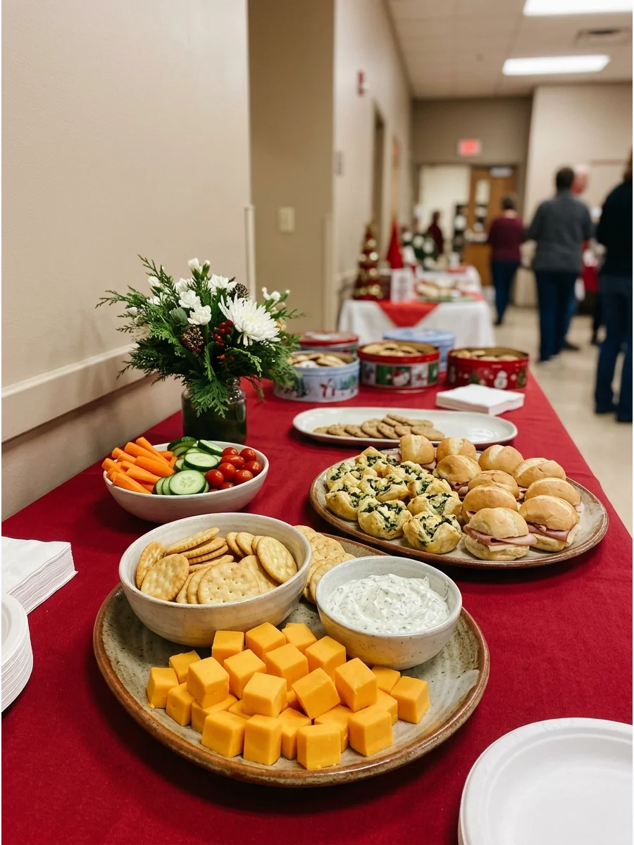 A savory appetizer platter with cheese and crackers on a white tablecloth.