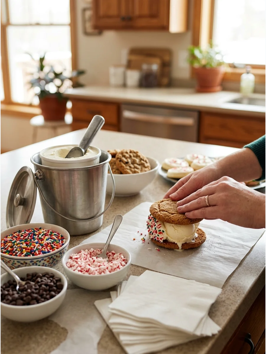 A person making an ice cream sandwich with two cookies in a kitchen.