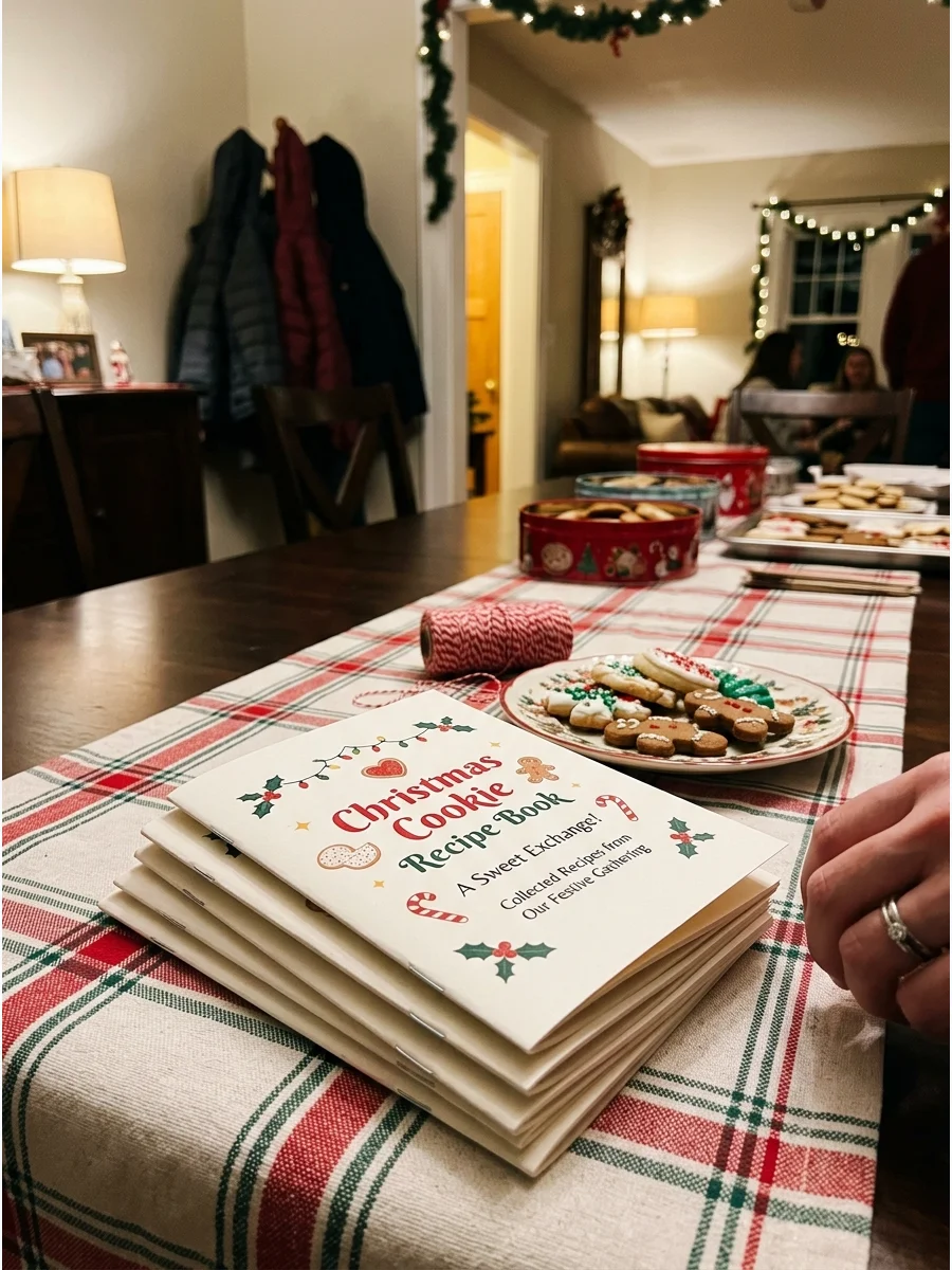 A stack of handmade recipe booklets on a dining table.