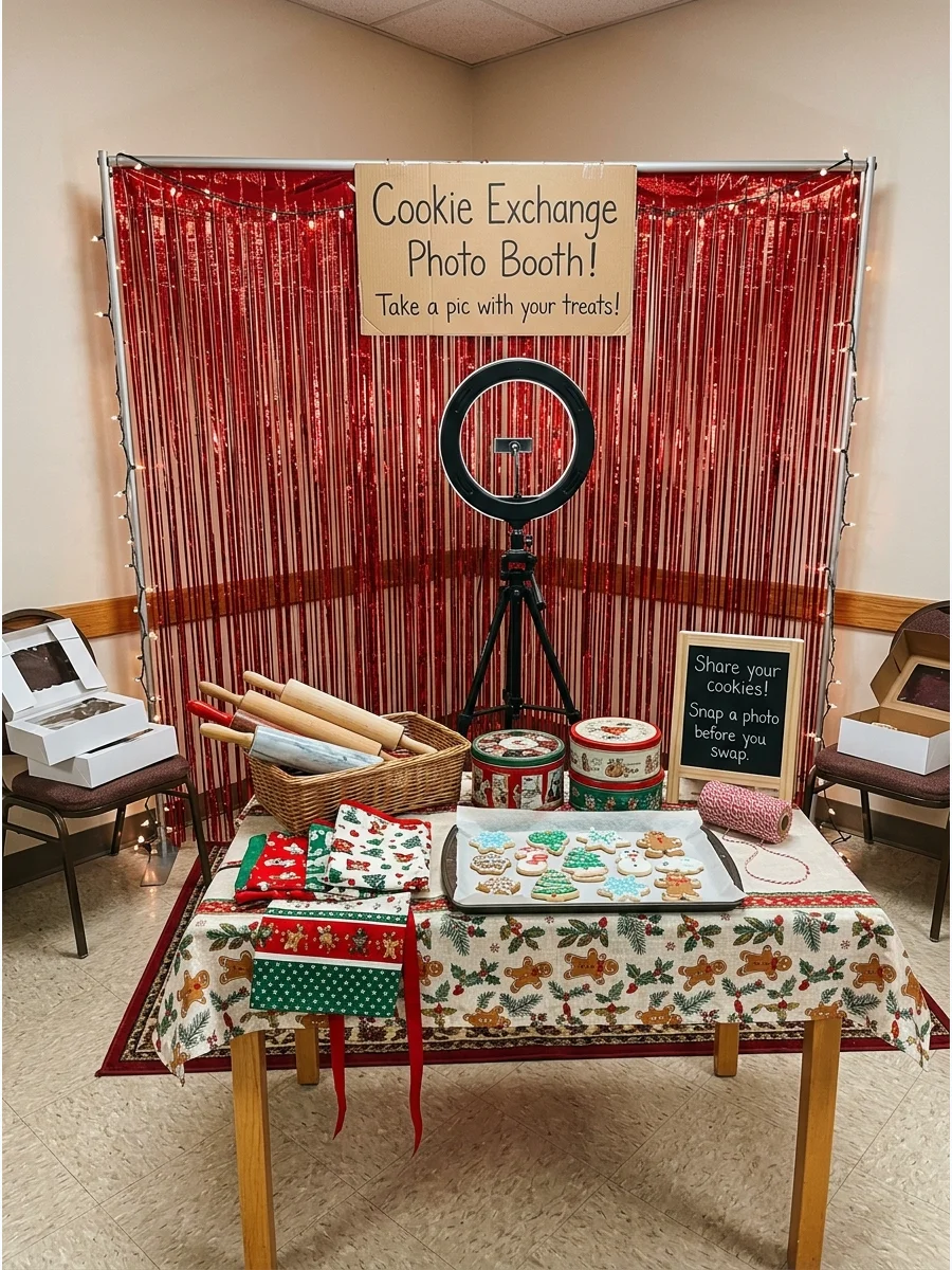 A festive photo booth area with a red backdrop and baking props.