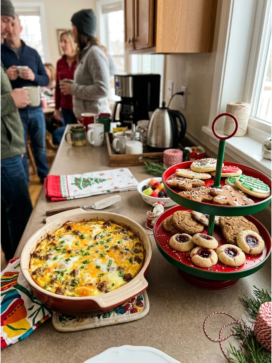 A brunch setup with savory food and a tiered stand filled with Christmas cookies.