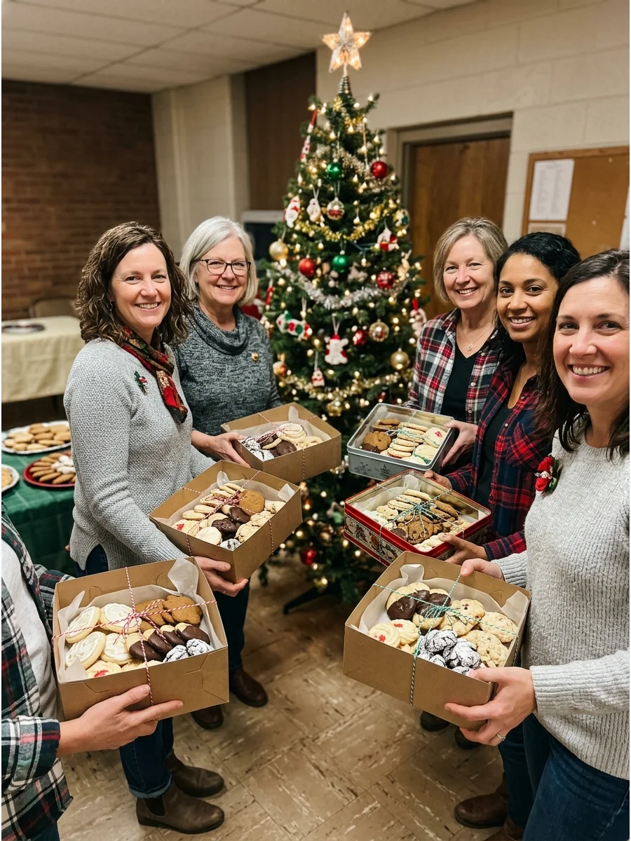 A group of friends holding cookie boxes and smiling in front of a Christmas tree.