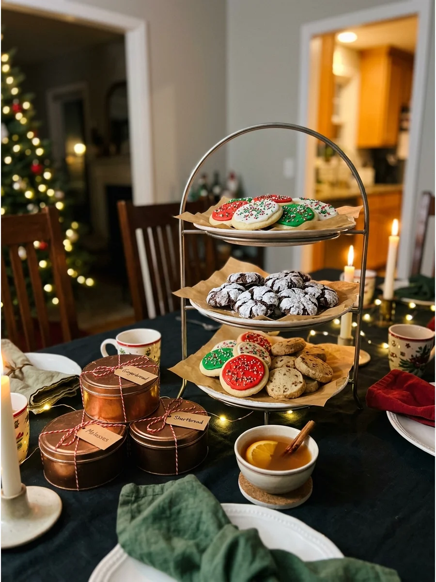 A festive evening cookie exchange with fairy lights and holiday decorations.
