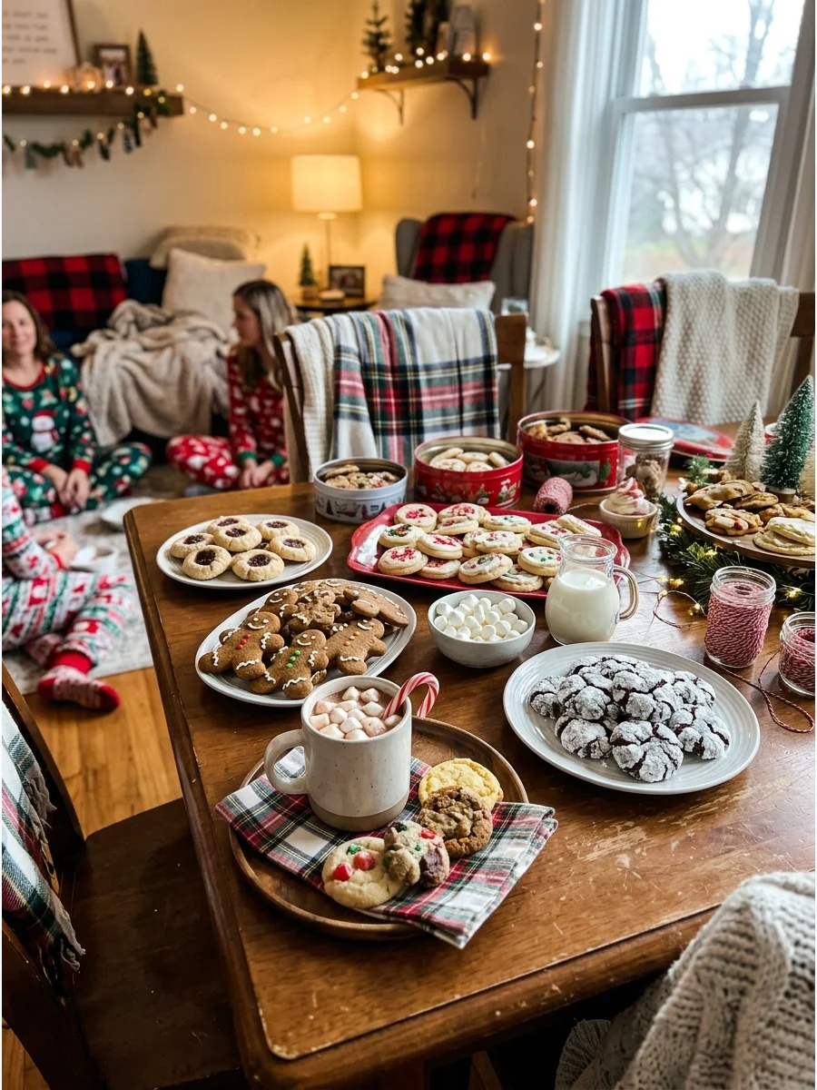 A casual holiday party setup with cookies, cocoa, and cozy blankets.