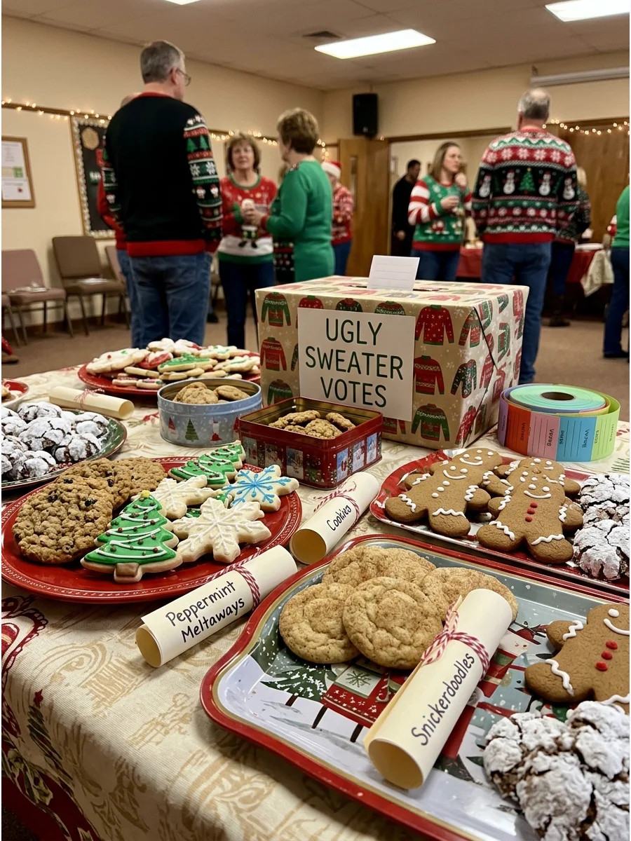 A church basement decorated for a holiday party with cookies and a sweater contest voting station.