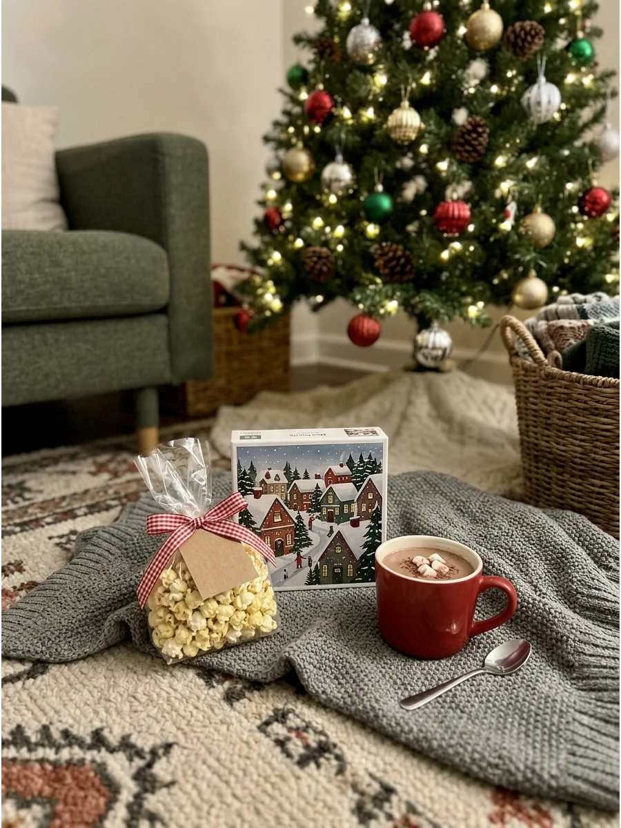 A puzzle and popcorn gift set on a rug.