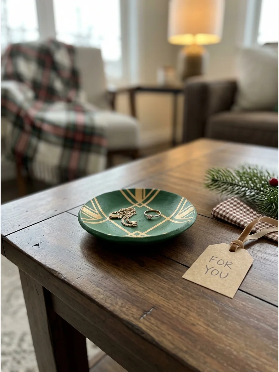 A geometric painted tray in green and gold for a gift.