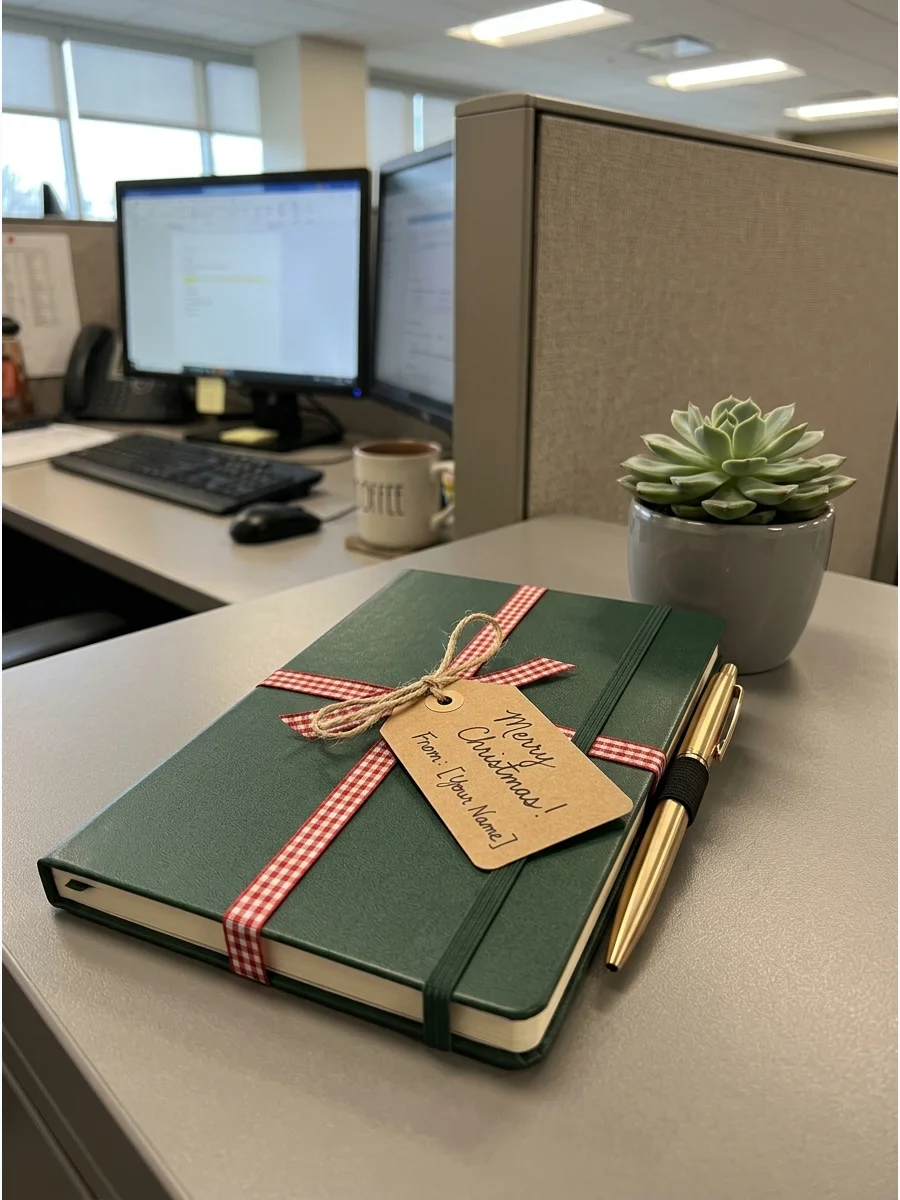 A green journal and gold pen tied with ribbon on a desk.