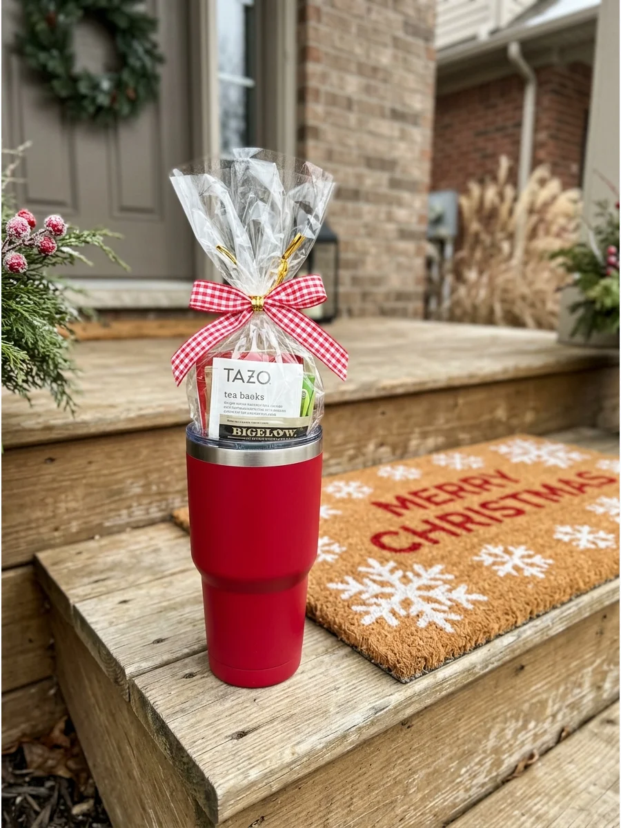 A red tumbler filled with tea packets on a porch step.
