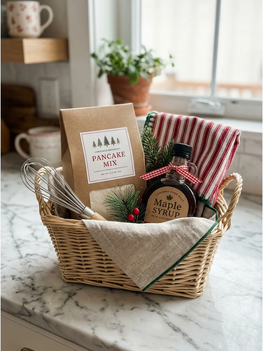 A breakfast gift basket with pancake mix and syrup on a counter.