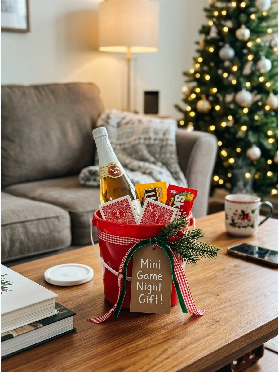 A popcorn bucket with cards and cider on a coffee table.