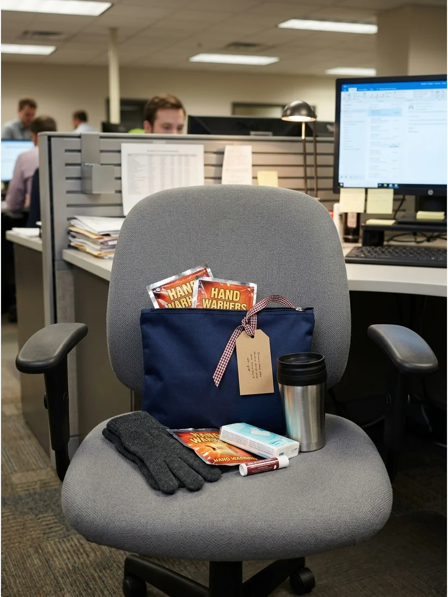 A winter comfort kit pouch with gloves and lotion.