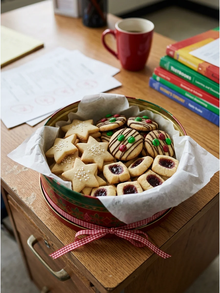 A silver tin of Christmas cookies on a wooden desk.