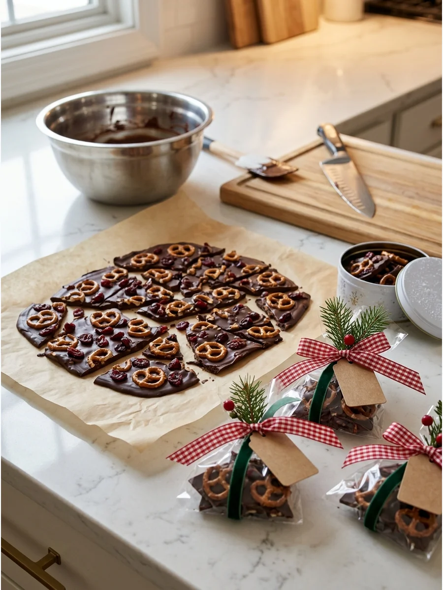 Chocolate bark with pretzels and cranberries on parchment paper.