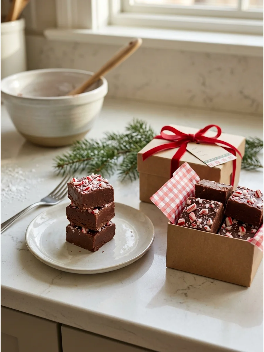 Squares of peppermint chocolate fudge on a white plate.