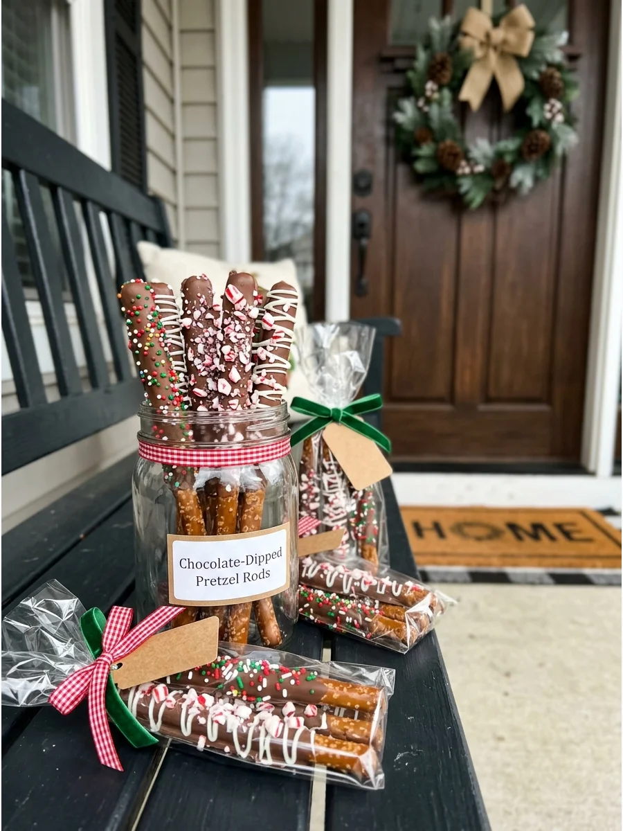 A jar of chocolate-dipped pretzel rods on a porch bench.