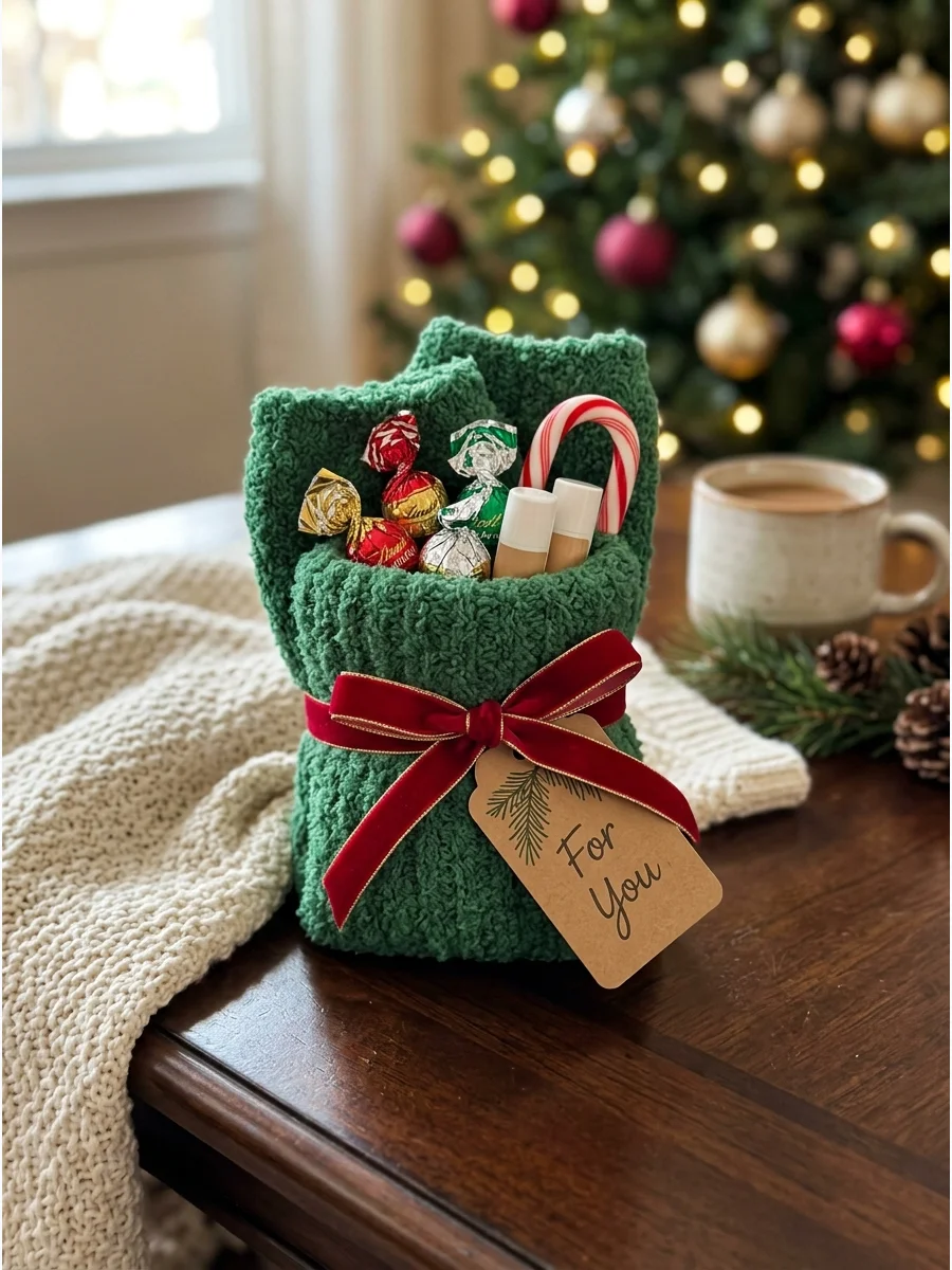 Green fuzzy socks stuffed with treats on a coffee table.