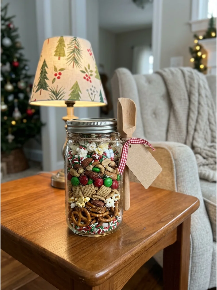 A mason jar filled with festive trail mix on a side table.