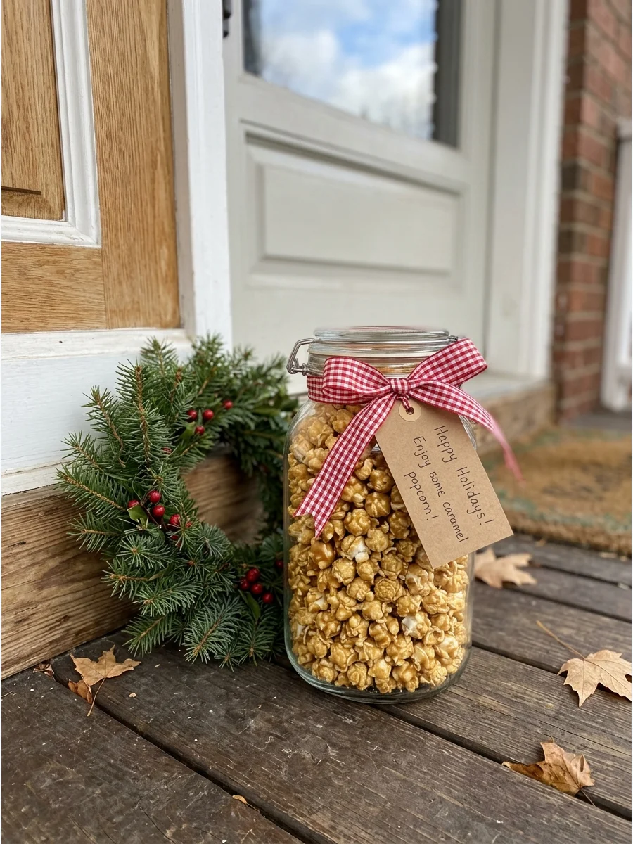 A glass jar of caramel popcorn with a red ribbon on a porch.