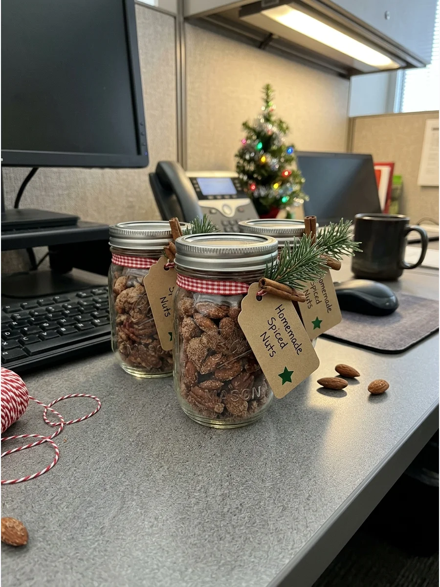 Small jars of spiced nuts on an office desk.