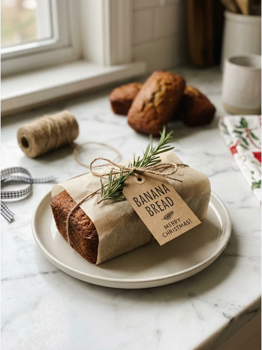 Wrapped banana bread loaf on a kitchen counter.