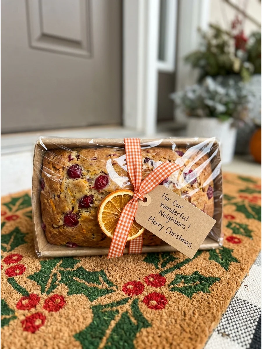Cranberry orange bread wrapped in cellophane on a doormat.