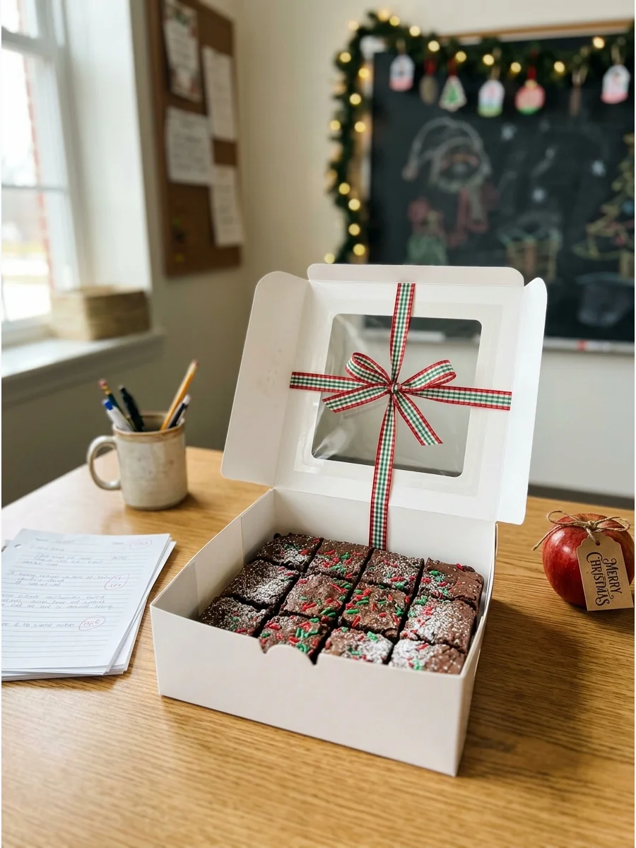 A box of Christmas brownies on a desk.