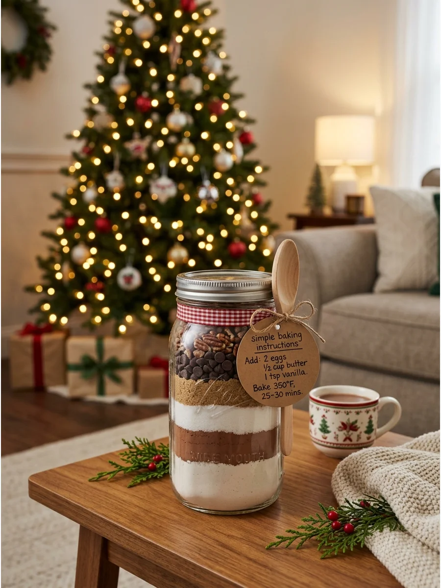 Brownie mix jar on a coffee table.