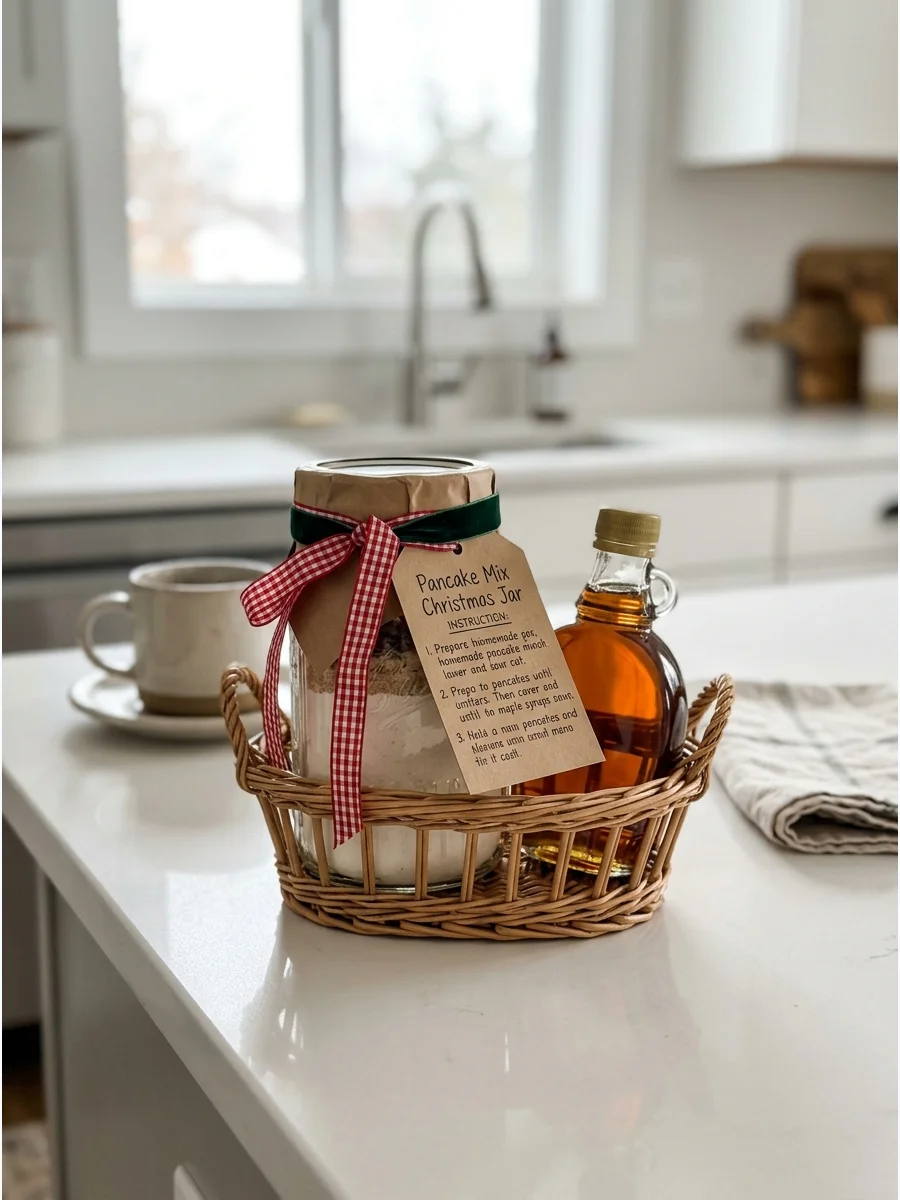 Pancake mix and syrup in a basket on a counter.