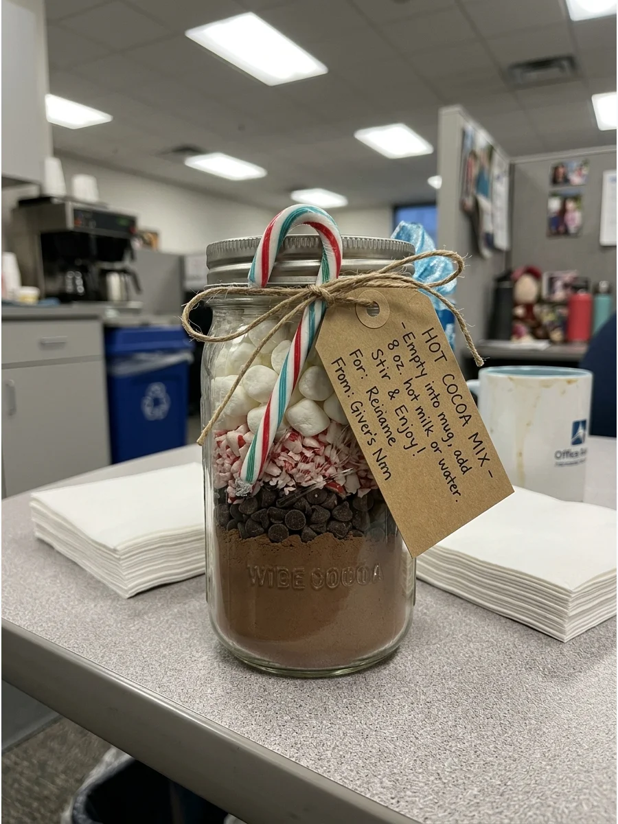 Hot cocoa mix jar on a breakroom table.