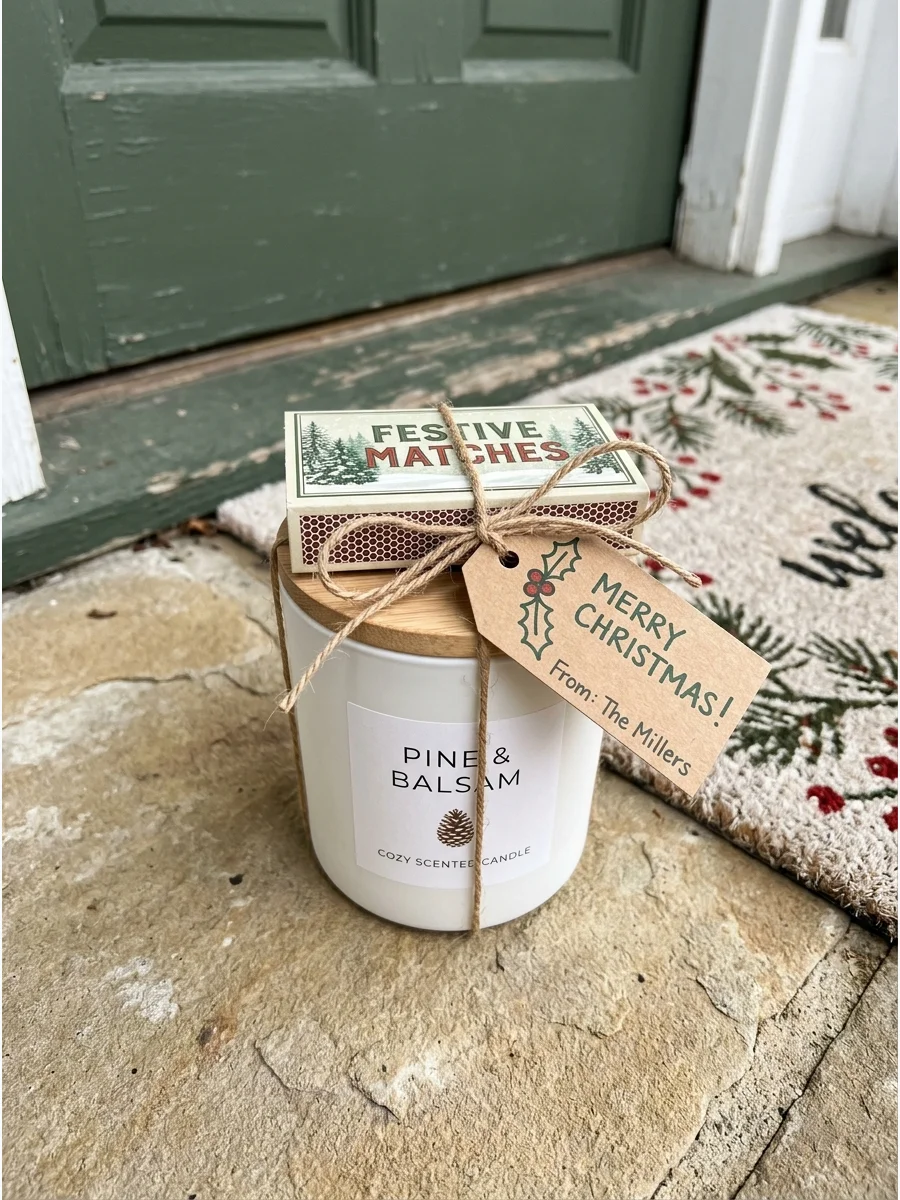 A candle and matchbox set sitting on a wooden porch.