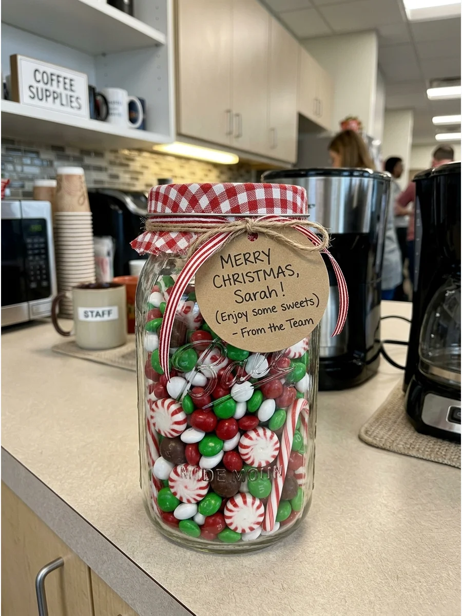 A jar of Christmas candies on an office shelf.