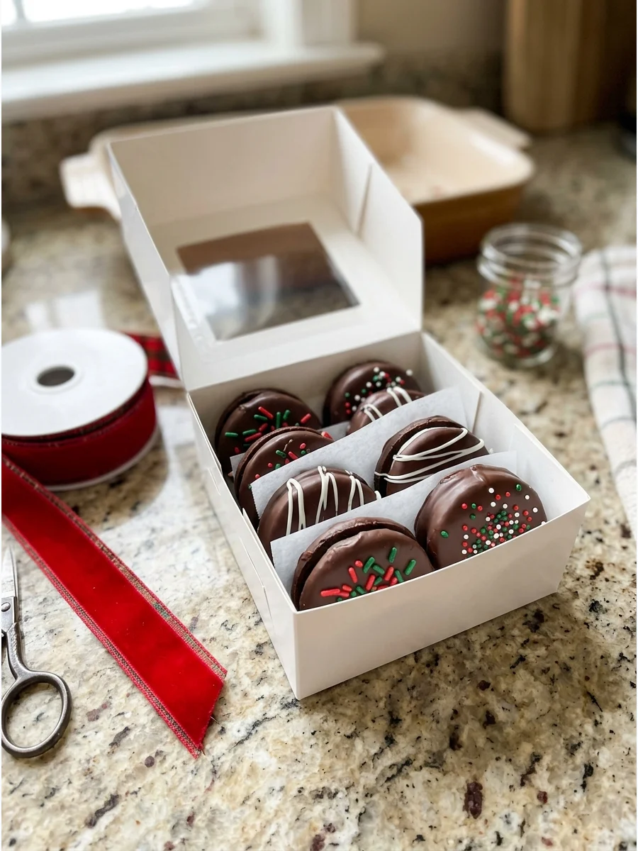 A white box filled with chocolate-dipped sandwich cookies decorated with red and green sprinkles.