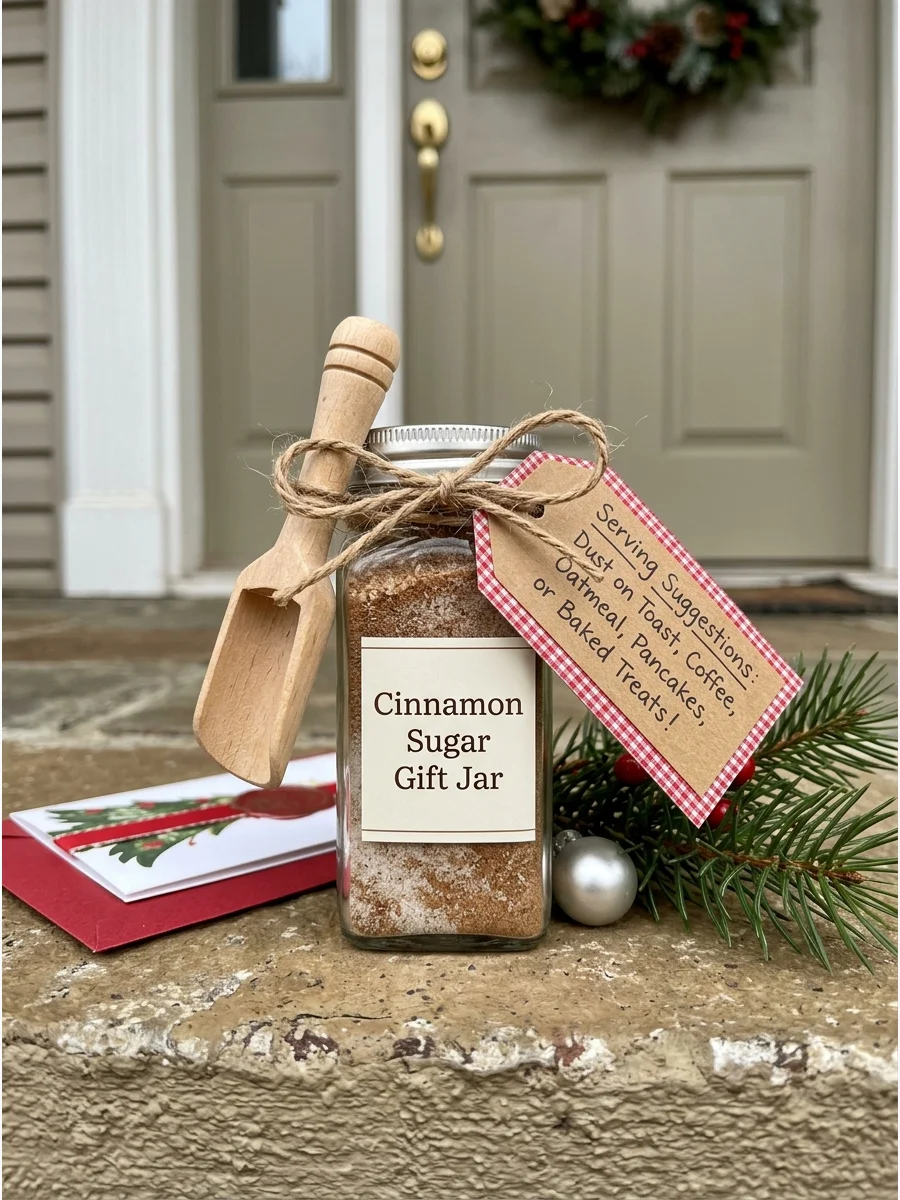 A small glass jar with a cork lid containing a brown cinnamon and sugar mixture.