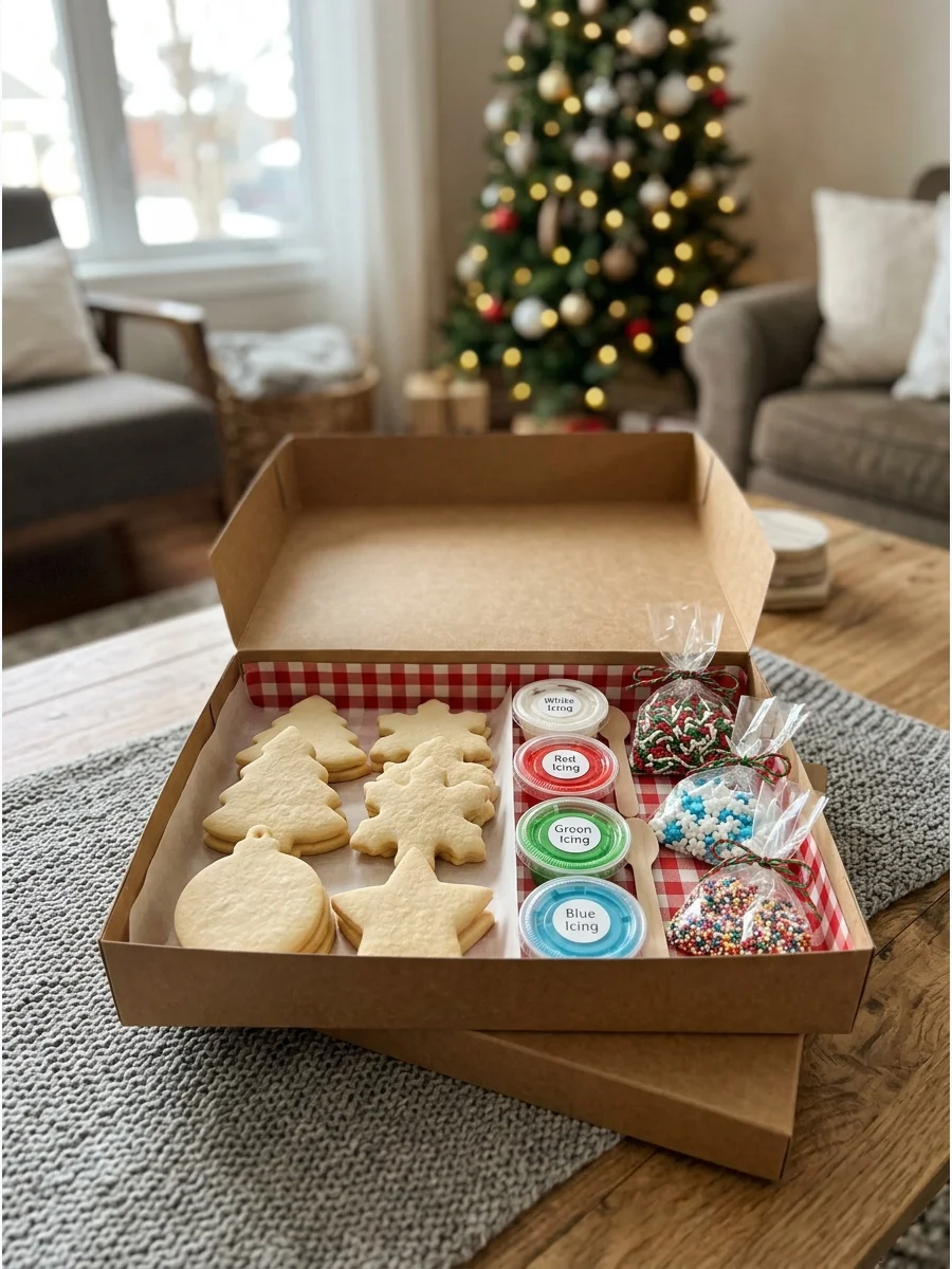A gift box containing star-shaped cookies, two bags of icing, and a jar of sprinkles.
