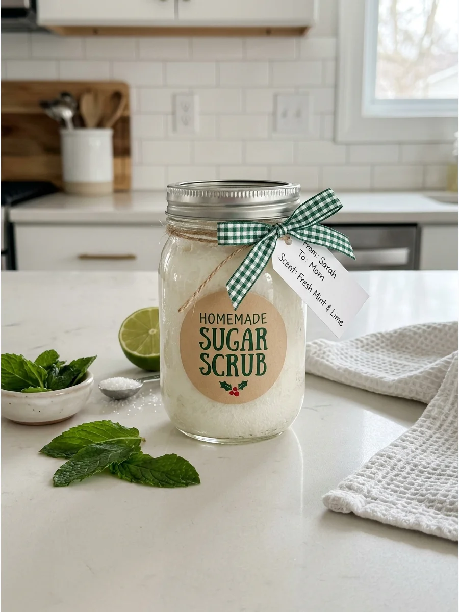 A glass jar filled with a white grainy sugar scrub and a red ribbon tied around the neck.
