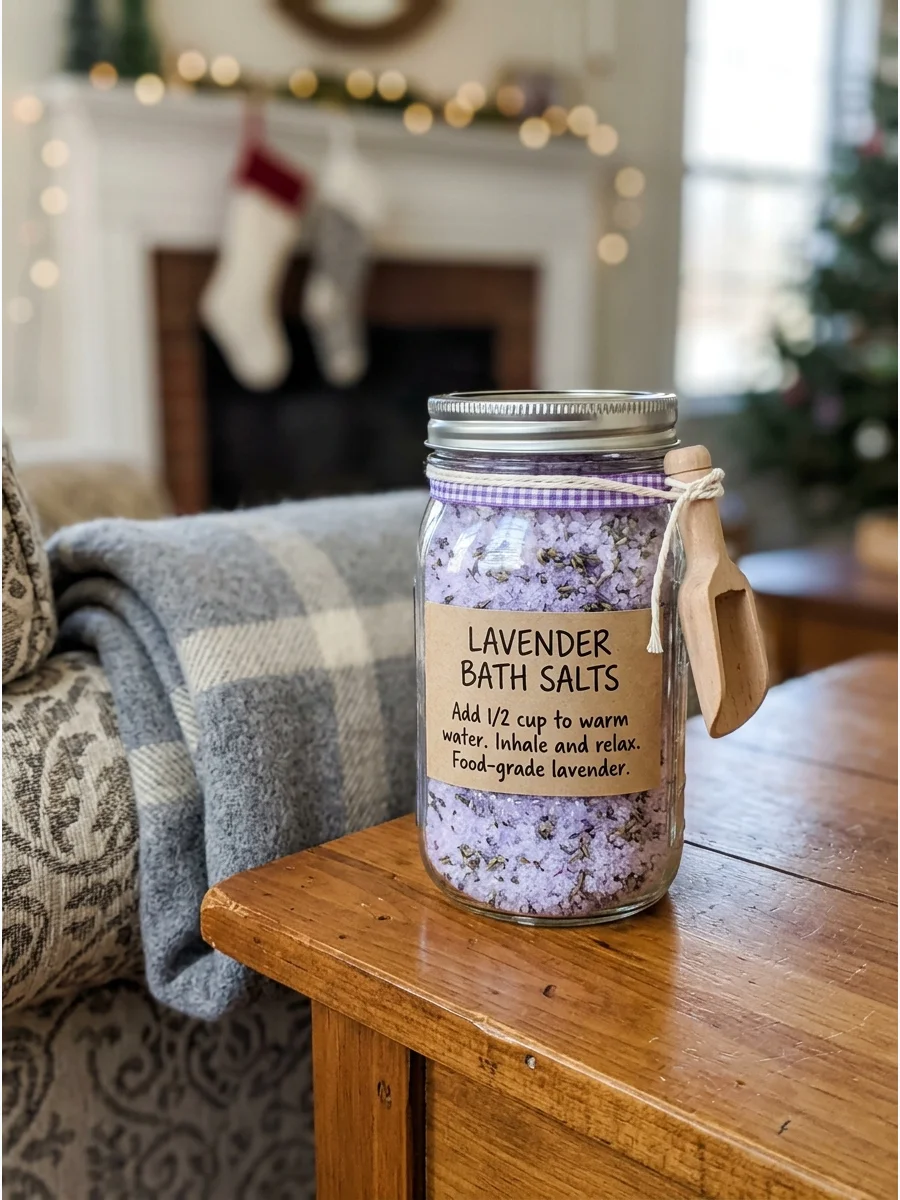 A glass jar containing white salts mixed with small dried purple lavender flowers.