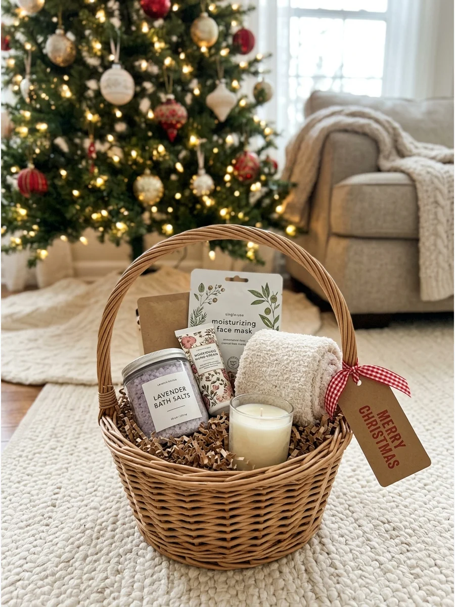 A wicker basket containing a candle, a tube of lotion, and a pair of rolled-up fuzzy socks.