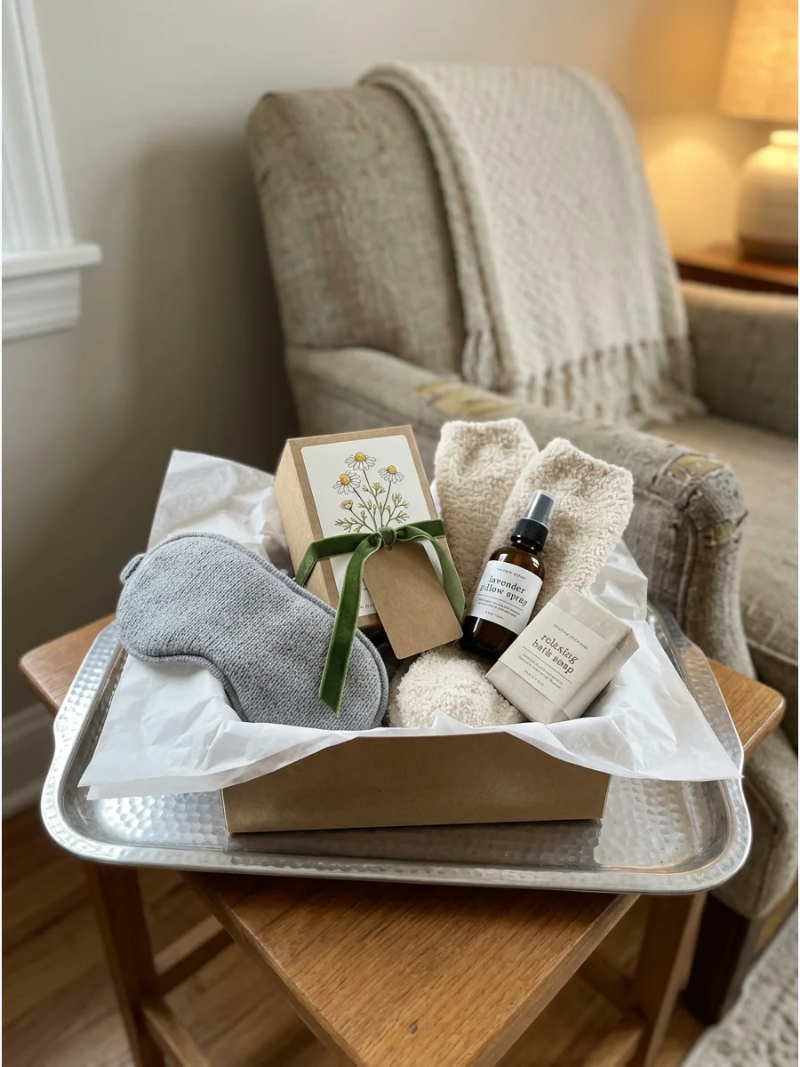 A silk sleep mask resting on top of a box of herbal tea with a small spray bottle nearby.