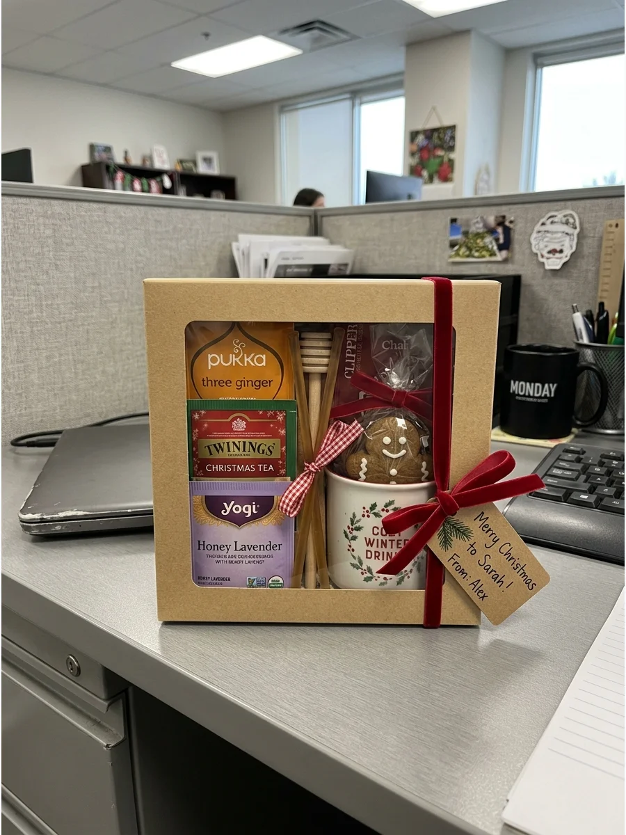 A tea gift box with honey sticks on an office desk.
