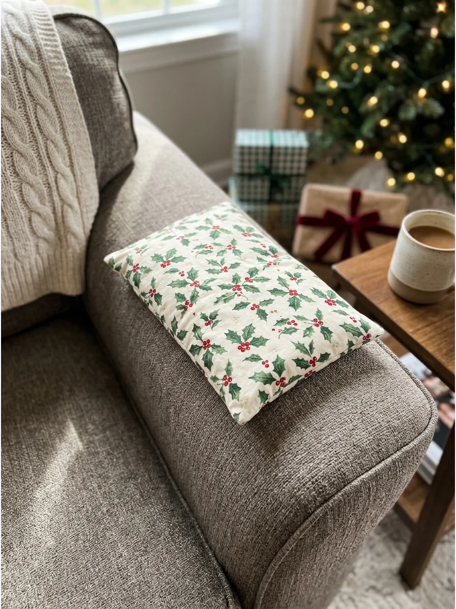 A rectangular fabric pouch with a festive pattern filled with rice.