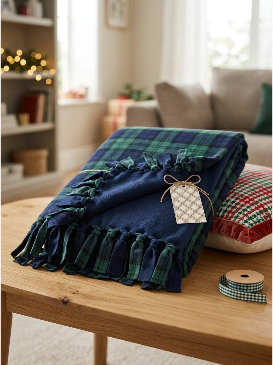 A handmade no-sew fleece blanket with tied fringe edges resting on a living room table.