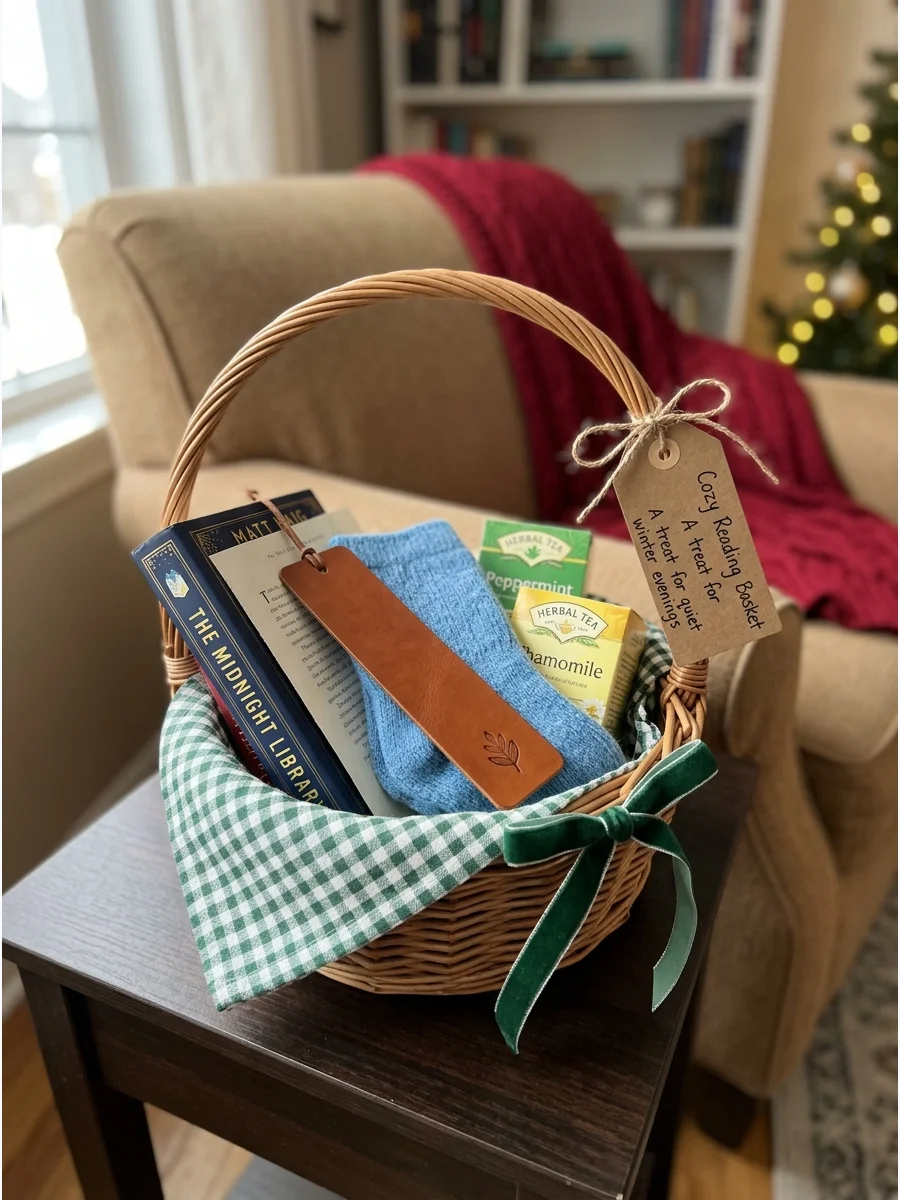 A gift basket for readers containing a book, tea, and warm socks.