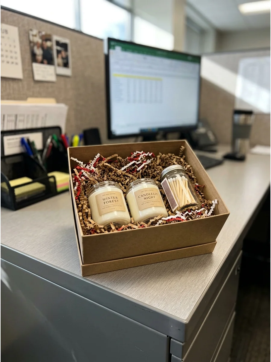 A simple gift box with two winter-scented candles and matches on a desk.